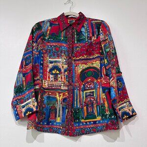 Alice + Olivia Cal Button-down Silk Shirt In Havana Town Size XS